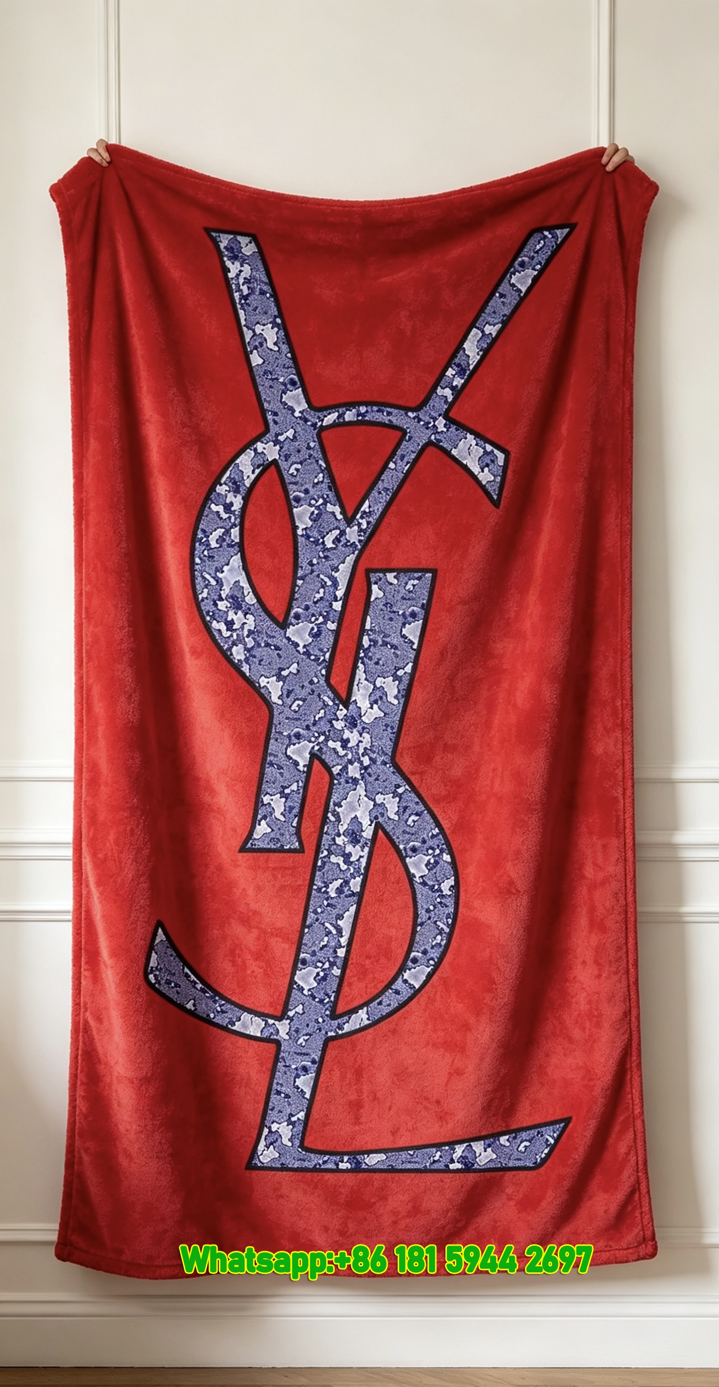Yves Saint Laurent YSL Red Background Blue Glitter Logo Printed Fleece Throw Blanket IMG_3203